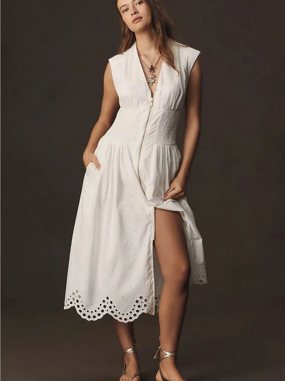 Anthropologie Maeve The Tommie Cap-Sleeve Smocked Front-Zip Shirt Dress Eyelet M - Picture 1 of 12